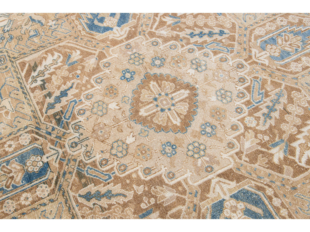 Antique Persian Heriz Handmade Medallion Tan and Blue Wool Rug