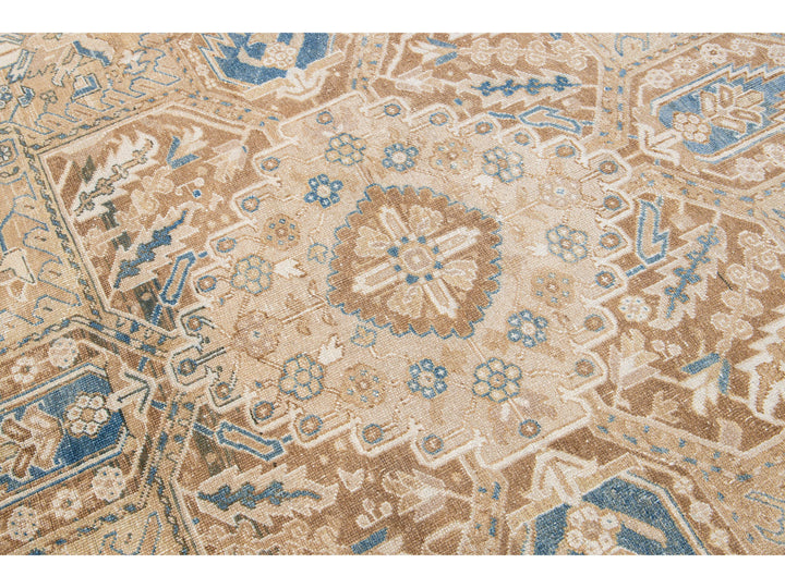 Antique Persian Heriz Handmade Medallion Tan and Blue Wool Rug