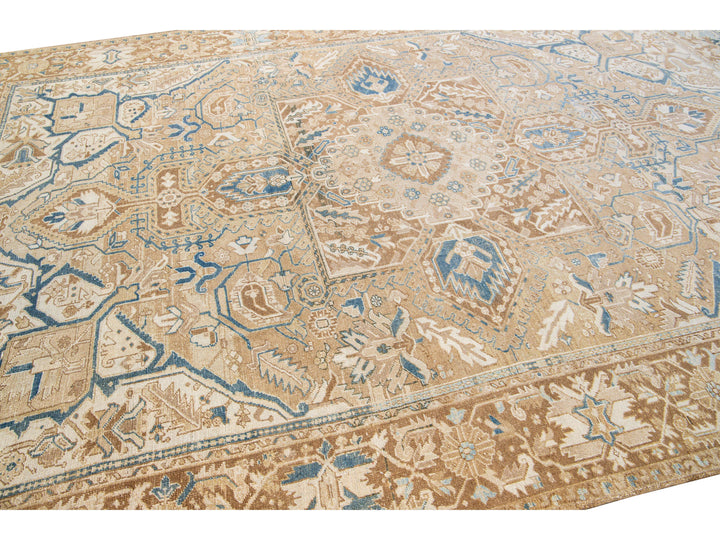 Antique Persian Heriz Handmade Medallion Tan and Blue Wool Rug