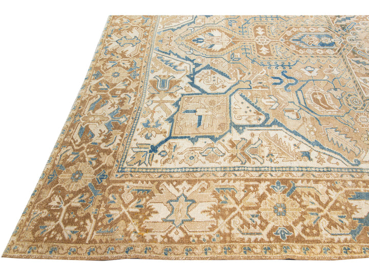 Antique Persian Heriz Handmade Medallion Tan and Blue Wool Rug