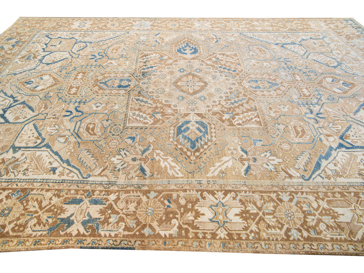 Antique Persian Heriz Handmade Medallion Tan and Blue Wool Rug