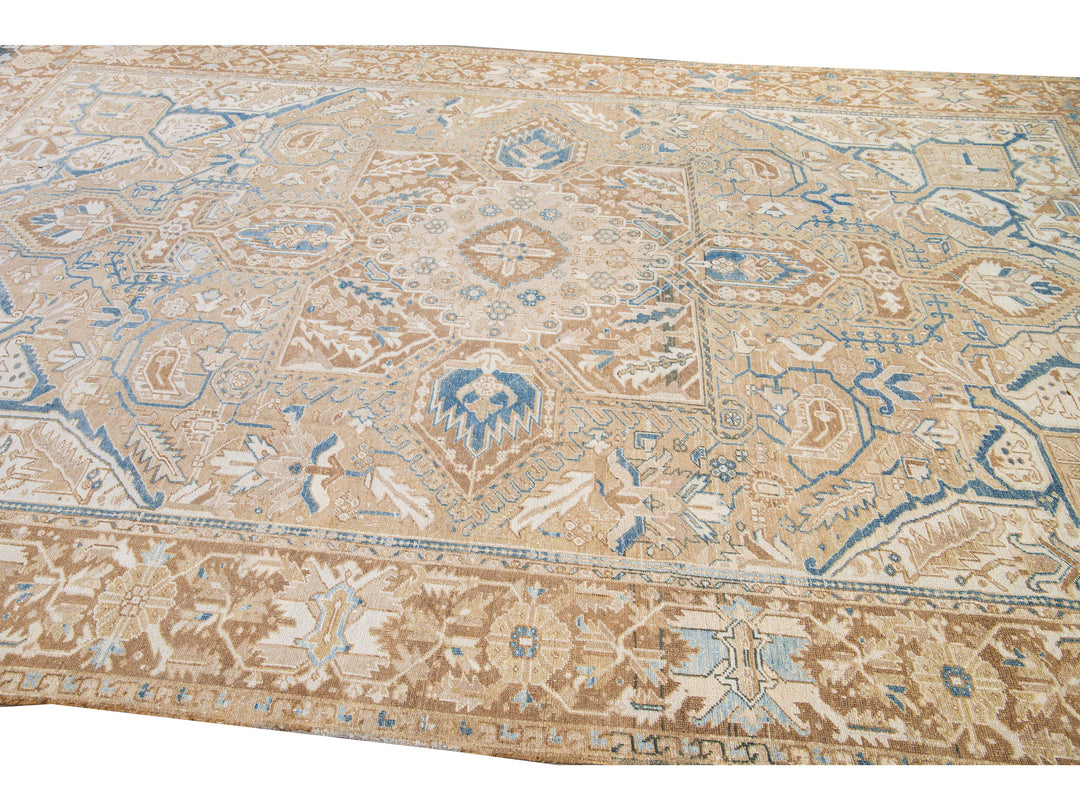 Antique Persian Heriz Handmade Medallion Tan and Blue Wool Rug