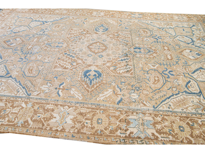 Antique Persian Heriz Handmade Medallion Tan and Blue Wool Rug