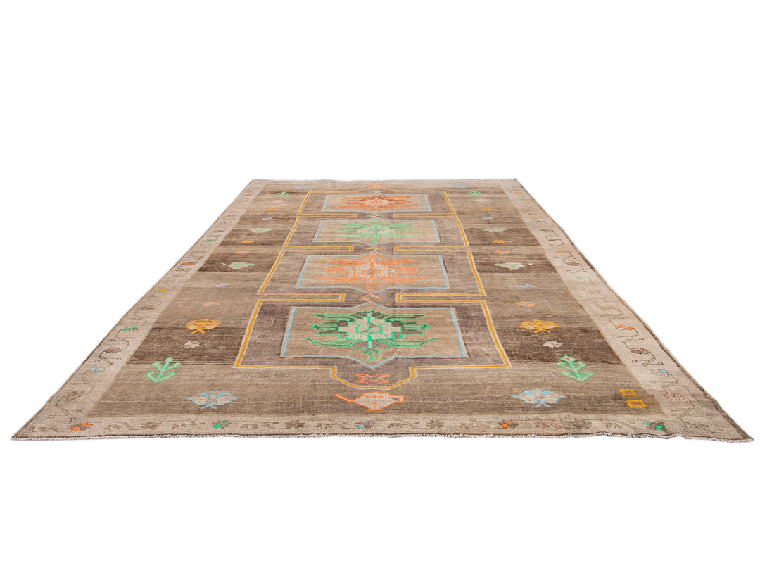 Vintage Beige and Brown Turkish Kars Handmade Tribal Wool Rug