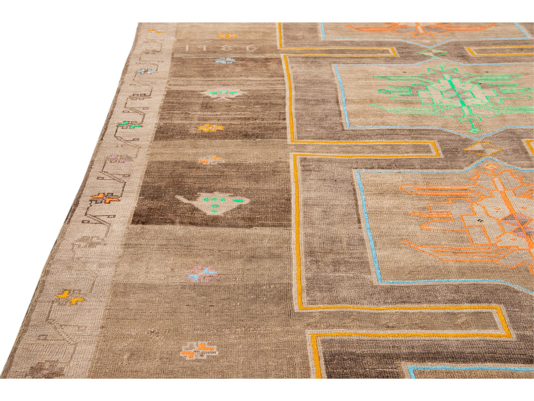 Vintage Beige and Brown Turkish Kars Handmade Tribal Wool Rug