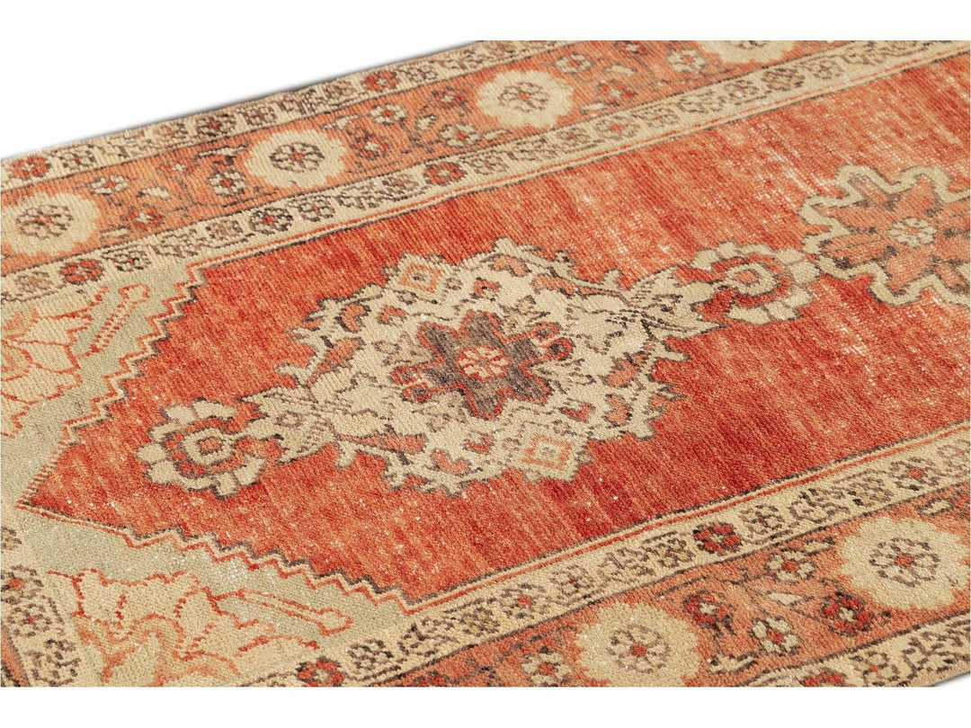 20th Century Antique  Anatolian Handmade Floral Motif Orange Wool Runner
