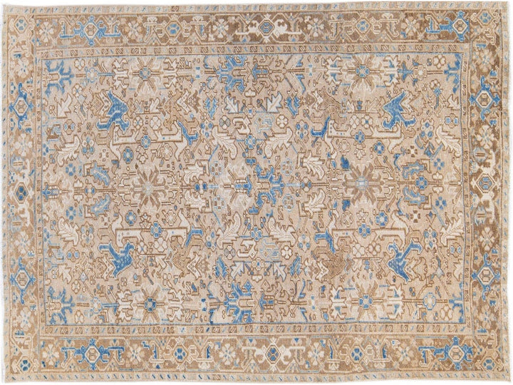 Antique Persian Heriz Handmade Geometric Floral Beige and Blue Wool Rug
