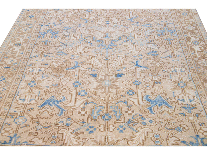 Antique Persian Heriz Handmade Geometric Floral Beige and Blue Wool Rug