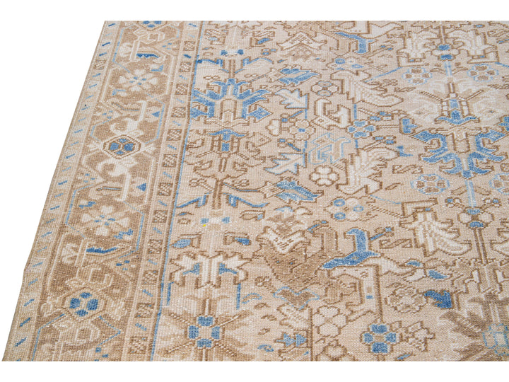 Antique Persian Heriz Handmade Geometric Floral Beige and Blue Wool Rug