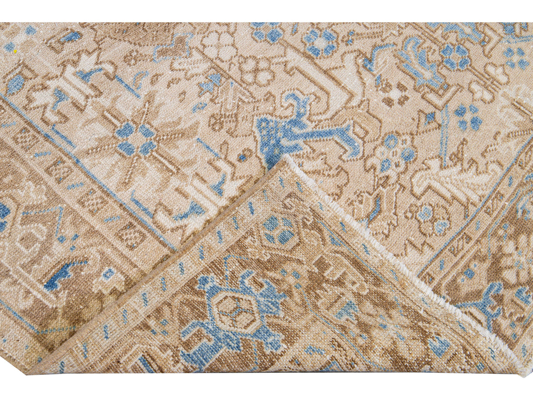 Antique Persian Heriz Handmade Geometric Floral Beige and Blue Wool Rug