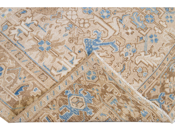 Antique Persian Heriz Handmade Geometric Floral Beige and Blue Wool Rug