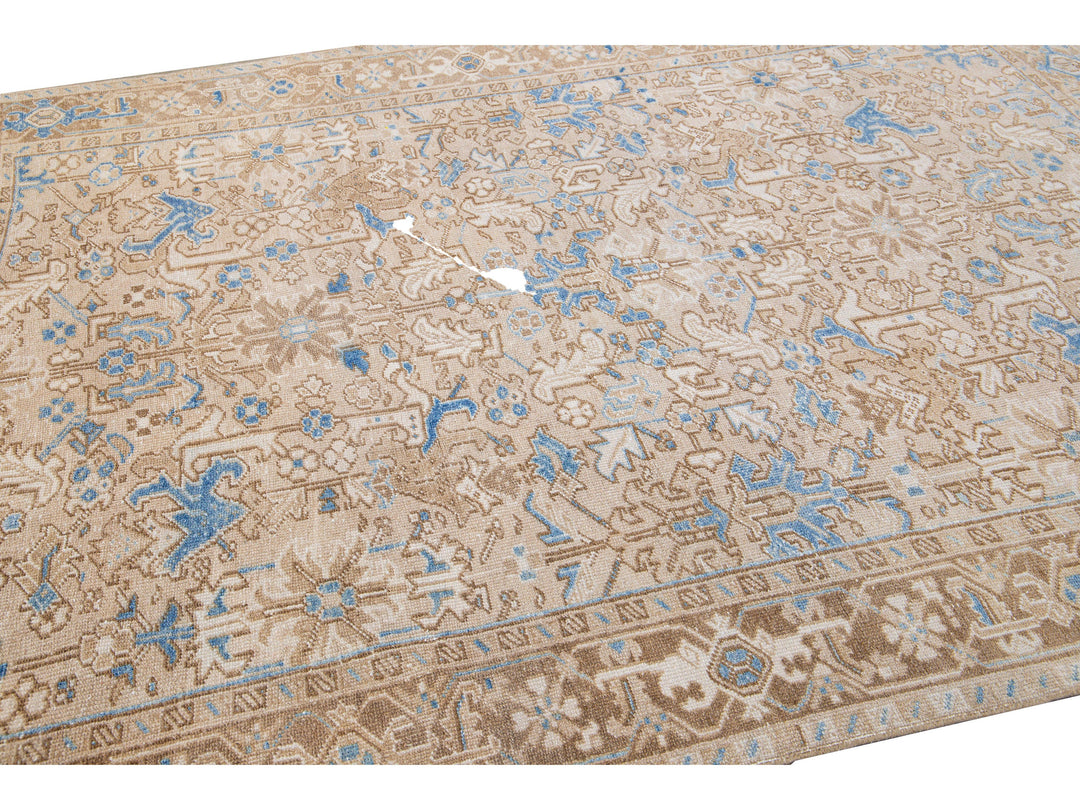 Antique Persian Heriz Handmade Geometric Floral Beige and Blue Wool Rug