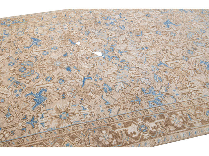 Antique Persian Heriz Handmade Geometric Floral Beige and Blue Wool Rug