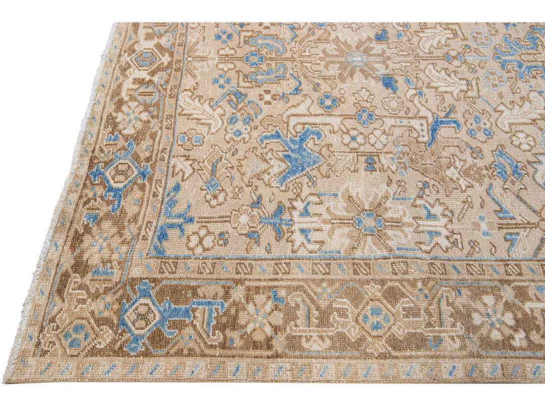 Antique Persian Heriz Handmade Geometric Floral Beige and Blue Wool Rug