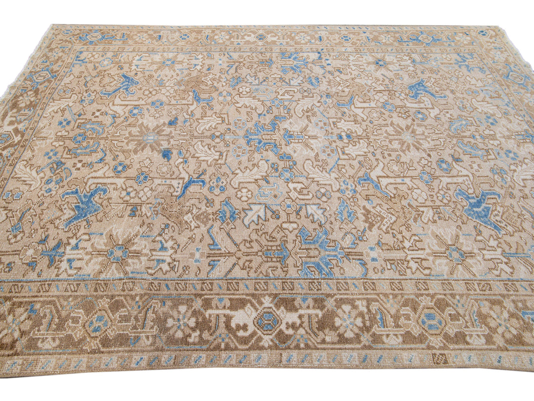 Antique Persian Heriz Handmade Geometric Floral Beige and Blue Wool Rug