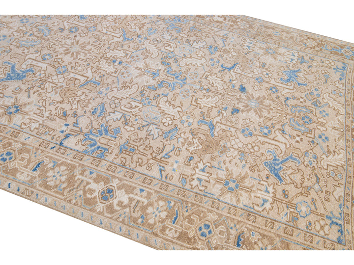 Antique Persian Heriz Handmade Geometric Floral Beige and Blue Wool Rug