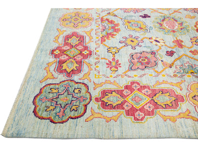 Modern Oushak Handmade Geometric Floral Blue Oversize Wool Rug