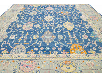 Blue Modern Oushak Handmade Multicolor Floral Motif Oversize Wool Rug