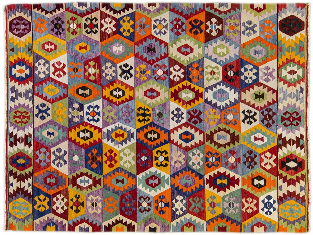 Vintage Turkish Kilim Flatweave Multicolor Geometric Designed Wool Rug