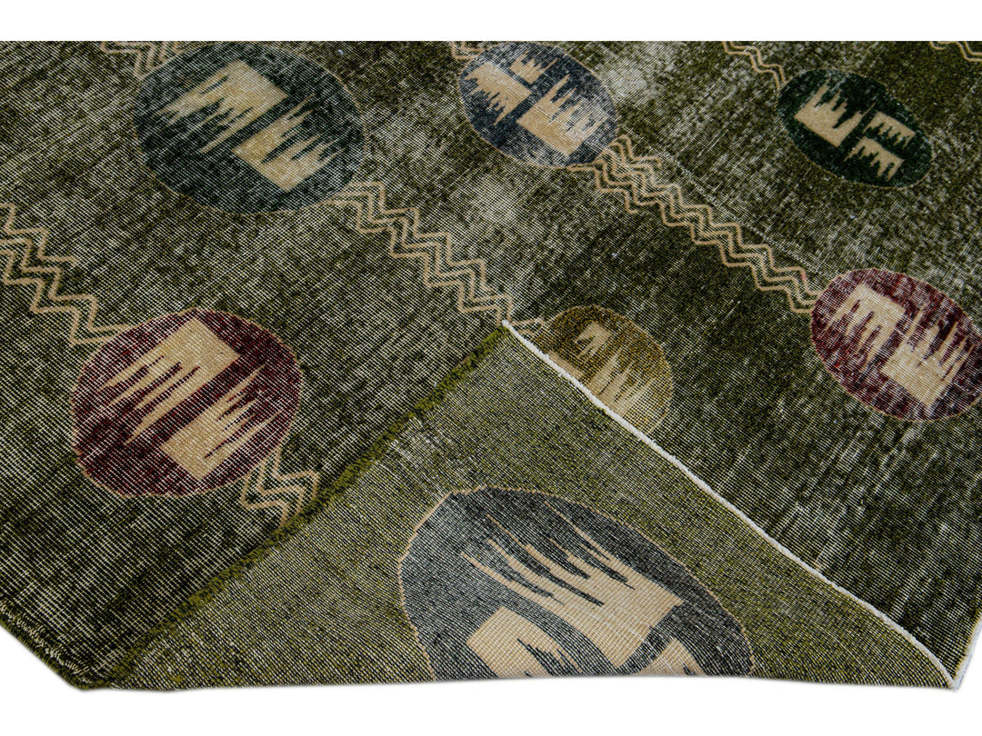 Vintage Turkish Deco Handmade Geometric Pattern Green Wool Rug