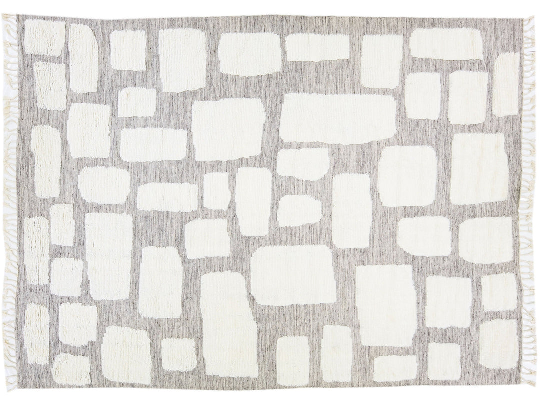 Grey Modern Moroccan Style Handmade Ivory Designed Wool Rug by Apadana