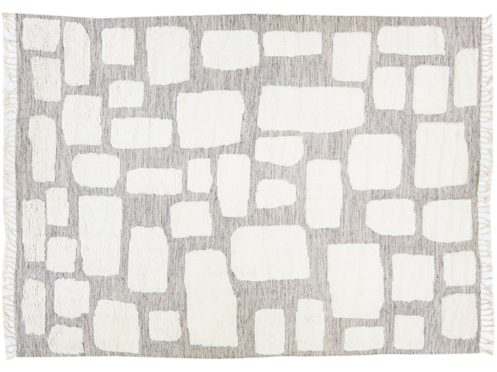 Grey Modern Moroccan Style Handmade Ivory Designed Wool Rug by Apadana