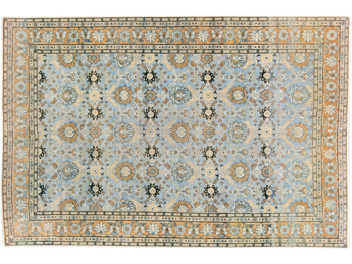 Blue Antique Persian Tabriz Handmade Floral Pattern Wool Rug