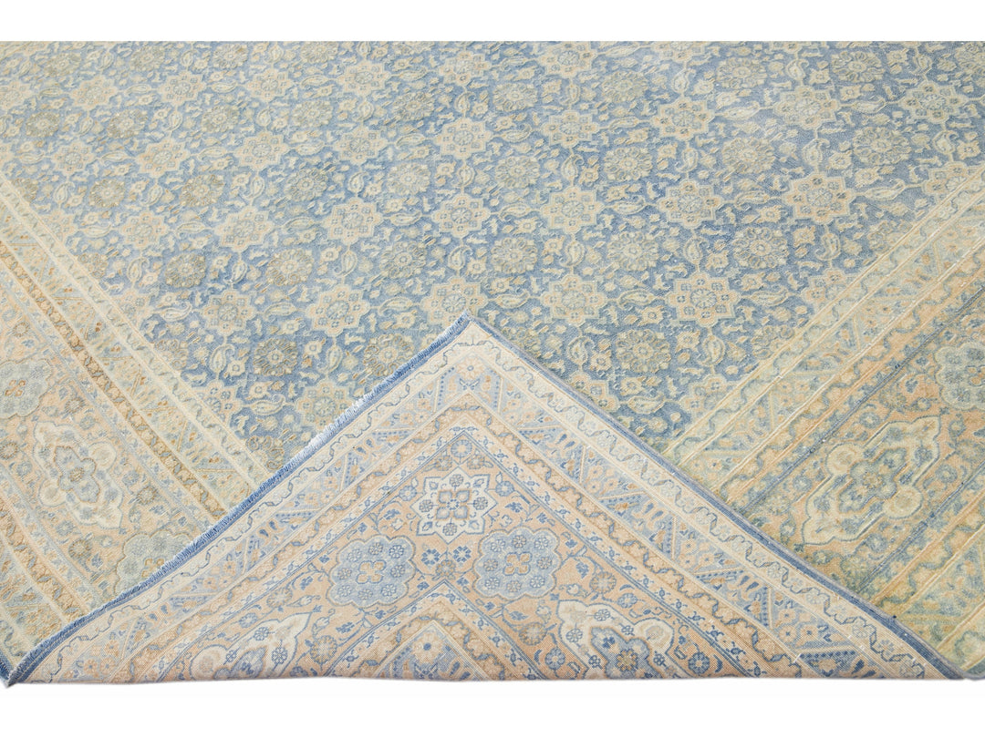 Antique Persian Tabriz Handmade Floral Pattern Blue Wool Rug