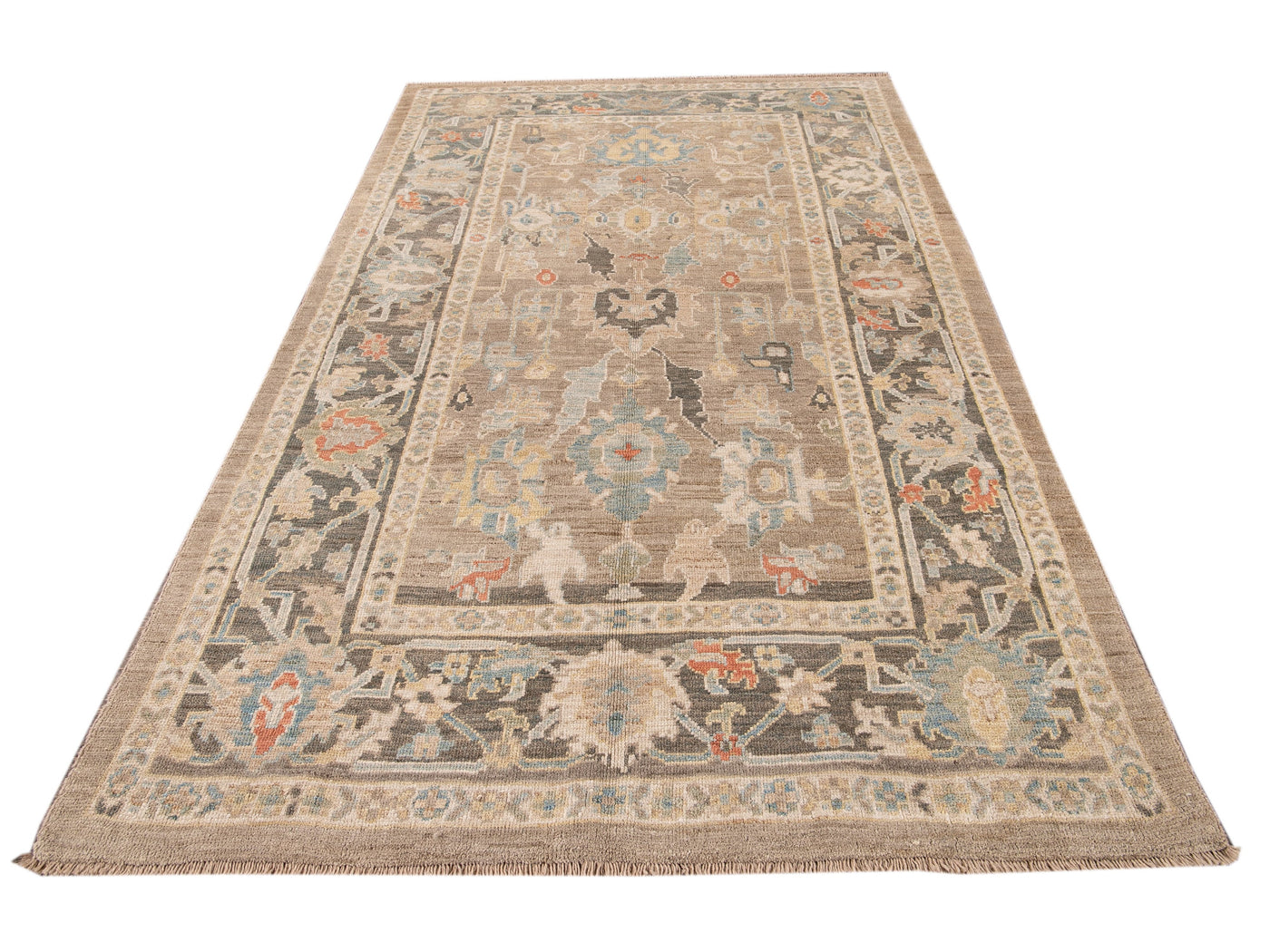 Modern Sultanabad Beige and Gray Handmade Floral Wool Rug
