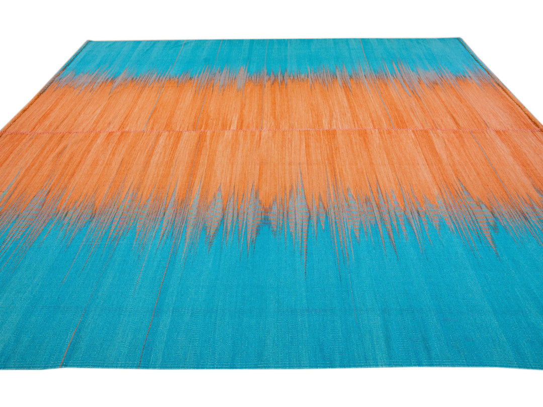 Modern Kilim Flatweave Abstract Designed Blue and Orange Wool Rug