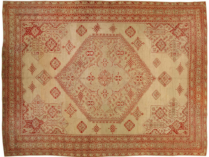 Antique Turkish Oushak Handmade Medallion Designed Tan And Red Oversize Wool Rug