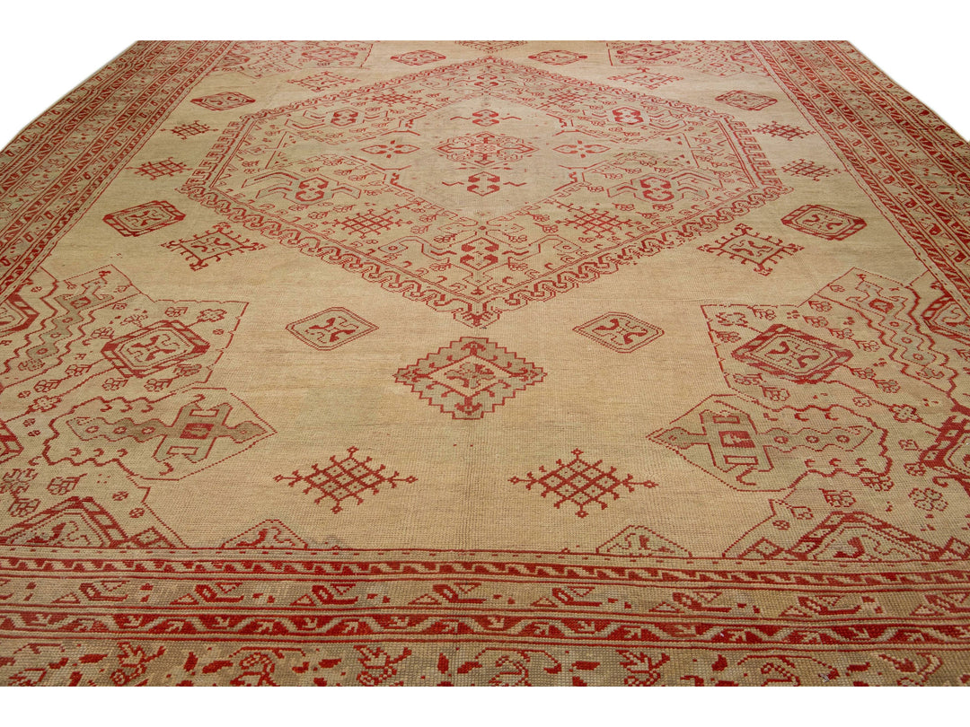 Antique Turkish Oushak Handmade Medallion Designed Tan And Red Oversize Wool Rug