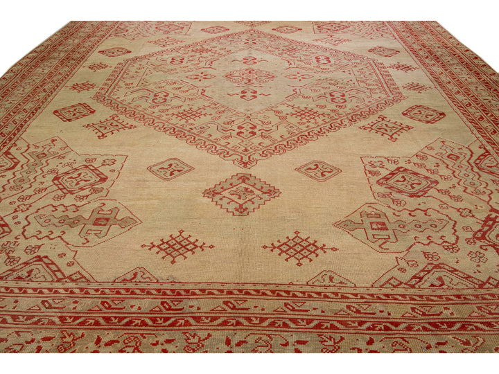 Antique Turkish Oushak Handmade Medallion Designed Tan And Red Oversize Wool Rug