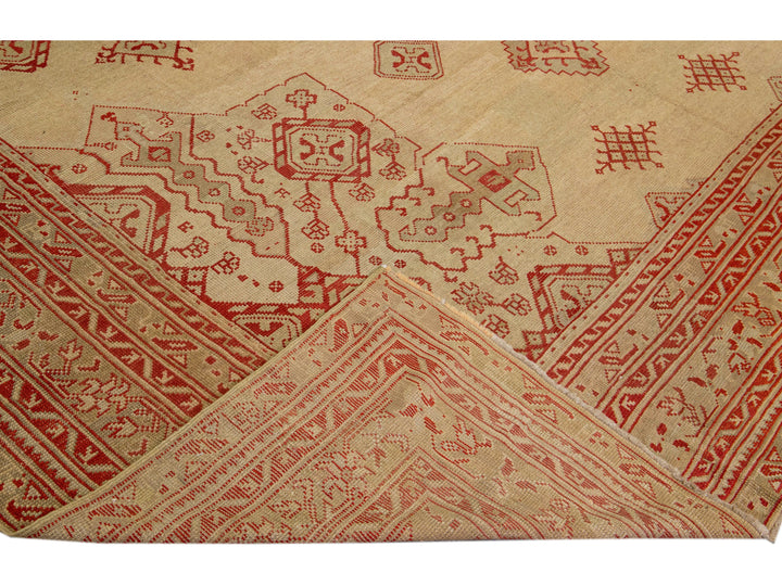 Antique Turkish Oushak Handmade Medallion Designed Tan And Red Oversize Wool Rug