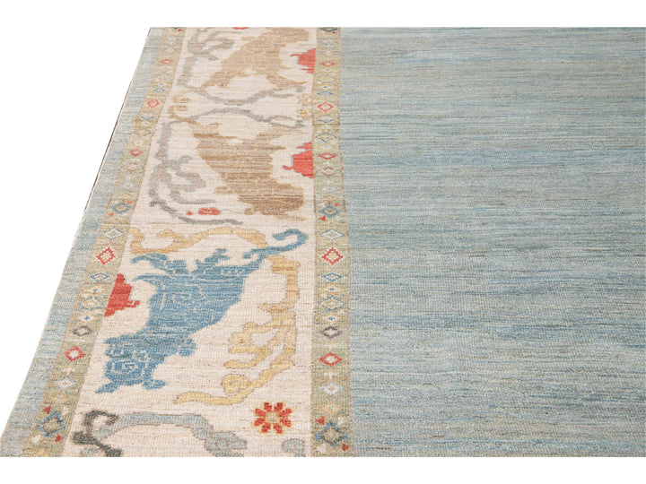 Contemporary Sultanabad Blue and Beige Handmade Designed Oversize Wool Rug