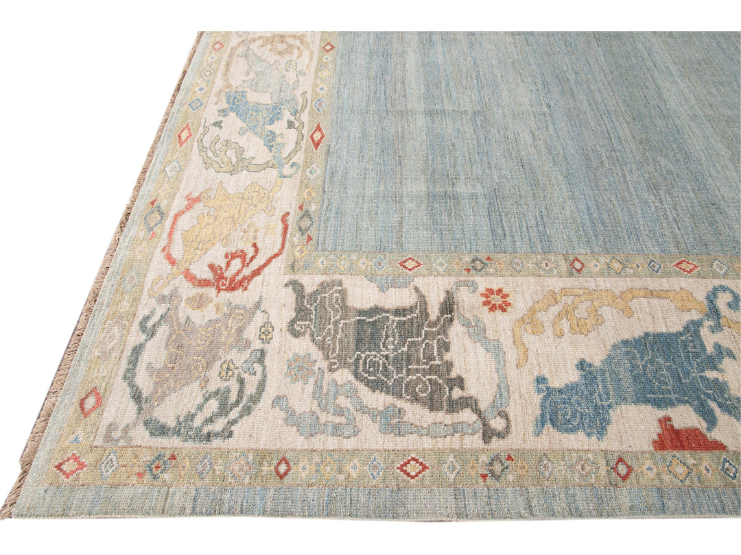 Contemporary Sultanabad Blue and Beige Handmade Designed Oversize Wool Rug