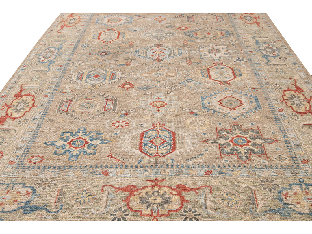 Modern Heriz Style  Handmade Beige Geometric Floral Wool Rug
