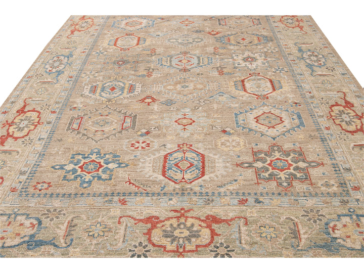 Modern Heriz Style  Handmade Beige Geometric Floral Wool Rug
