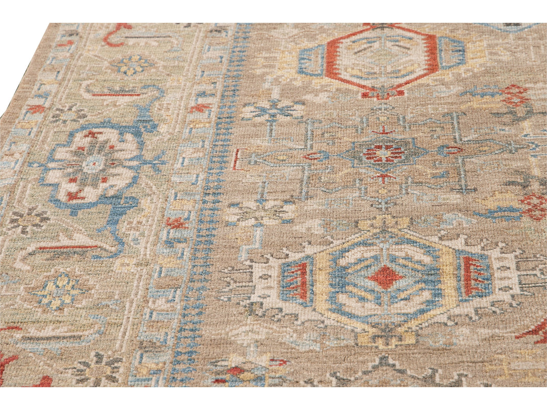 Modern Heriz Style  Handmade Beige Geometric Floral Wool Rug