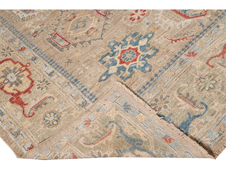 Modern Heriz Style  Handmade Beige Geometric Floral Wool Rug