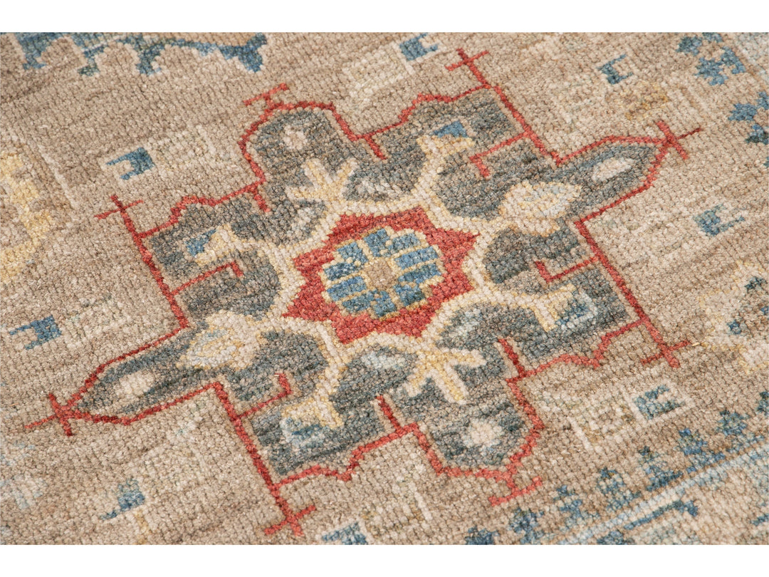 Modern Heriz Style  Handmade Beige Geometric Floral Wool Rug