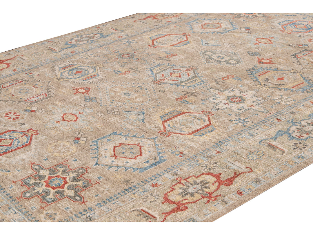 Modern Heriz Style  Handmade Beige Geometric Floral Wool Rug