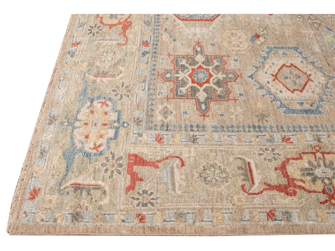 Modern Heriz Style  Handmade Beige Geometric Floral Wool Rug