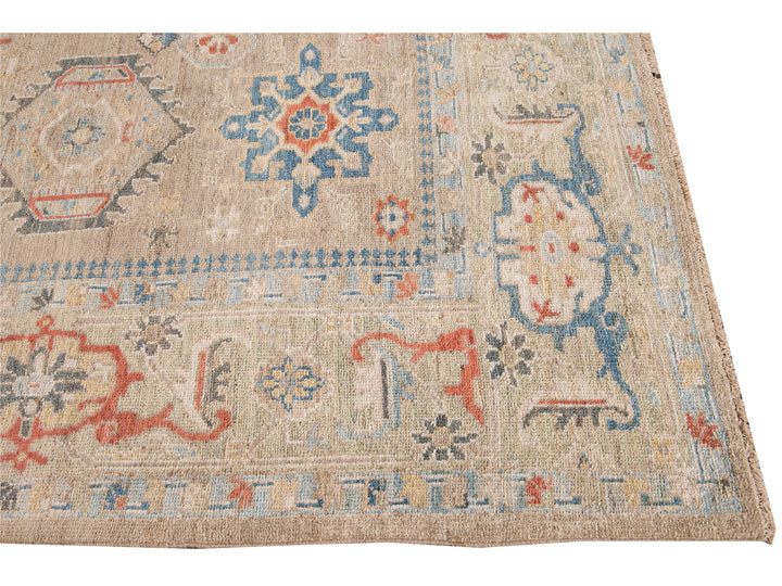 Modern Heriz Style  Handmade Beige Geometric Floral Wool Rug