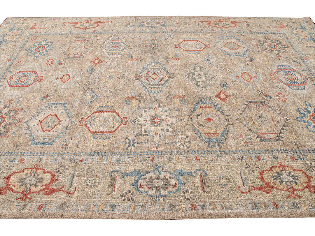 Modern Heriz Style  Handmade Beige Geometric Floral Wool Rug