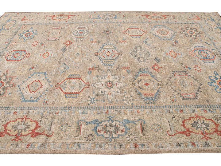 Modern Heriz Style  Handmade Beige Geometric Floral Wool Rug