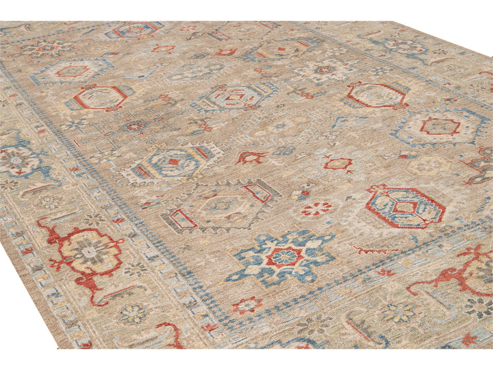 Modern Heriz Style  Handmade Beige Geometric Floral Wool Rug