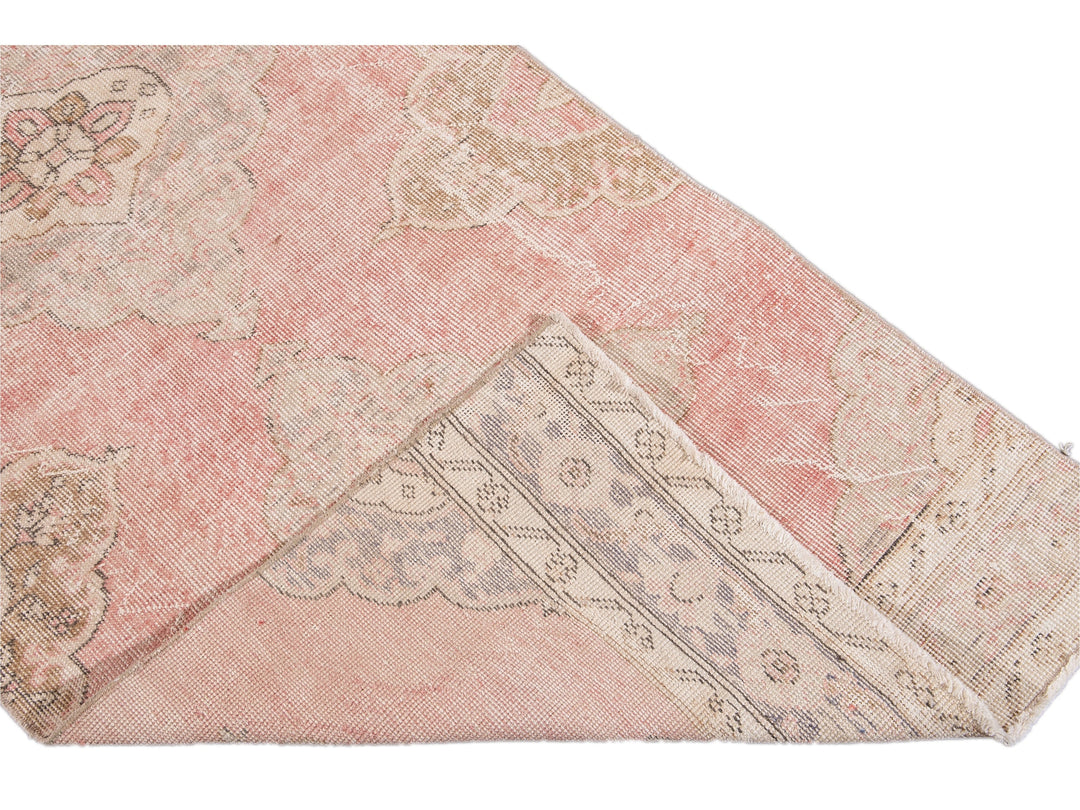 Vintage Turkish Pink and Beige Handmade Medallion Floral Wool Runner