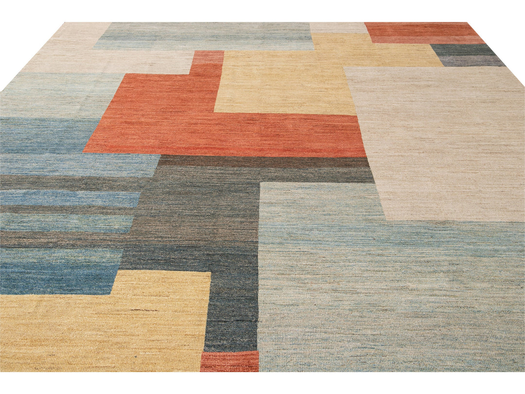 Modern Deco Style Handmade Multicolor Geometric Abstract Wool Rug