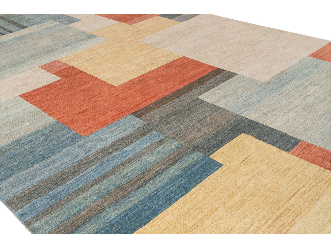 Modern Deco Style Handmade Multicolor Geometric Abstract Wool Rug